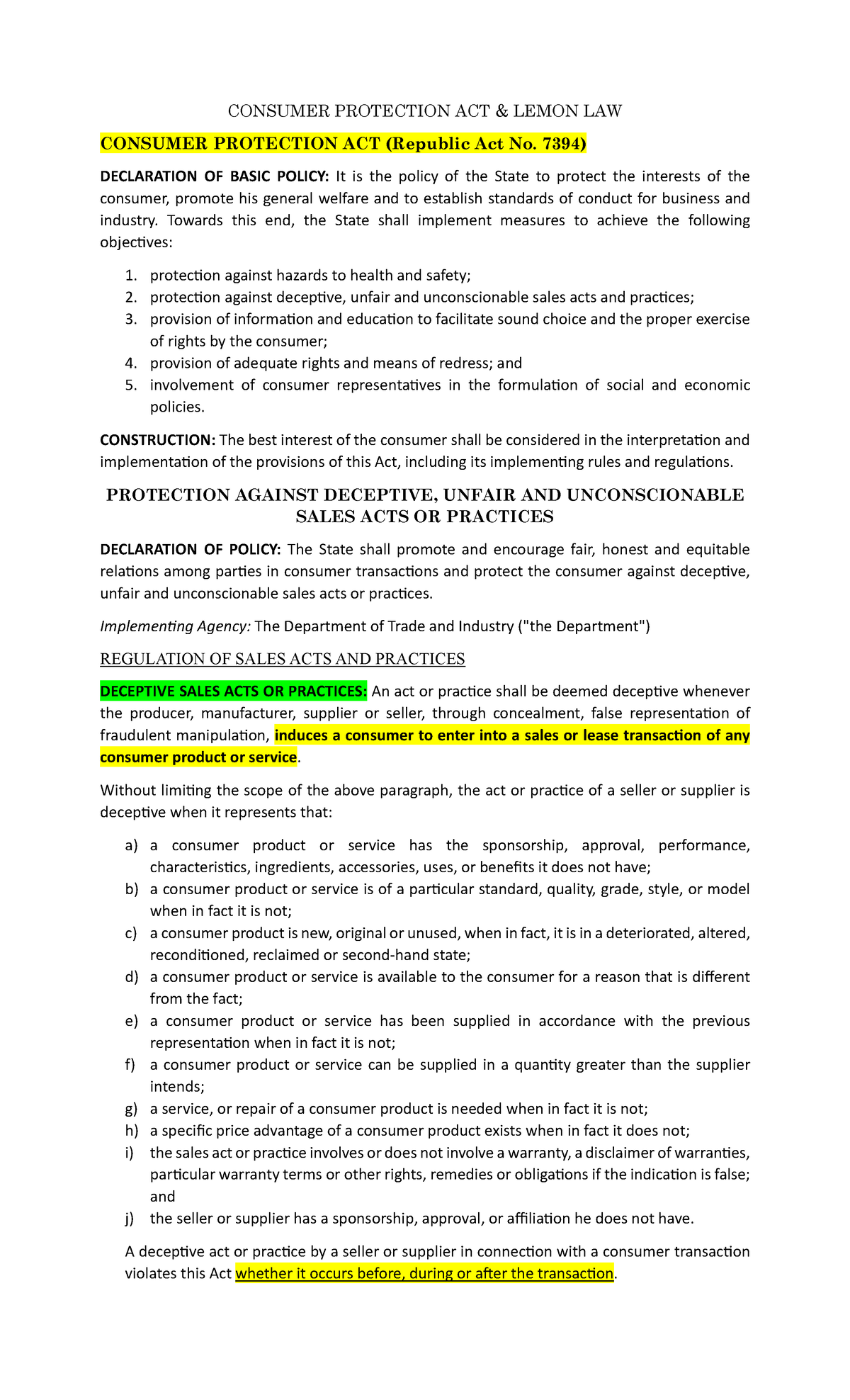Philippine Consumer Act Reviewer - CONSUMER PROTECTION ACT & LEMON LAW ...