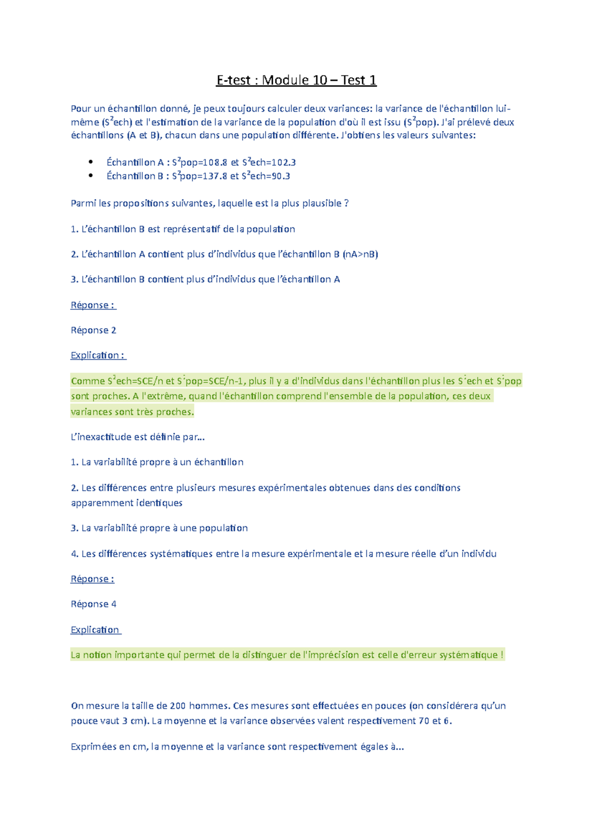 Module 10 - Test 1 - E-test : Module 10 – Test 1 Pour un échantillon ...