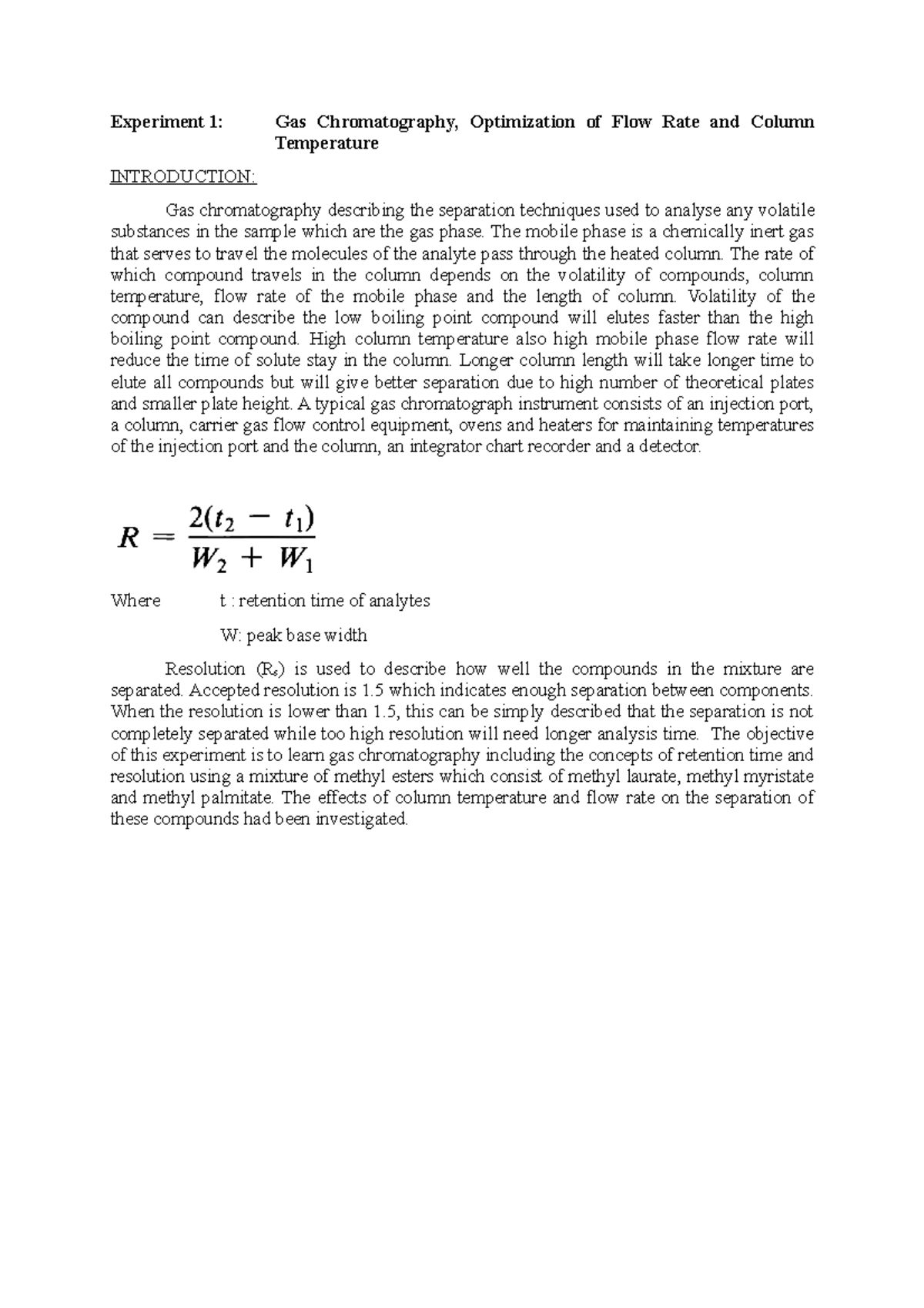 Exp 1 GC Laboratory report on Gas Chromatography Experiment 1 Gas