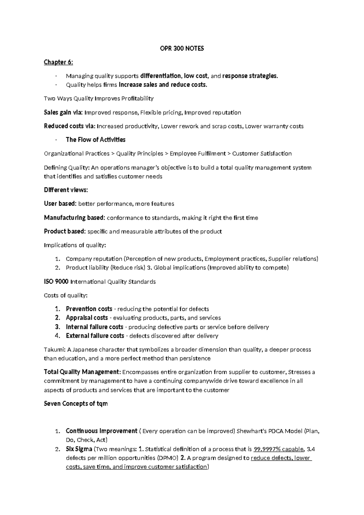 Notes for opration - OPR 300 NOTES Chapter 6: - Managing quality ...