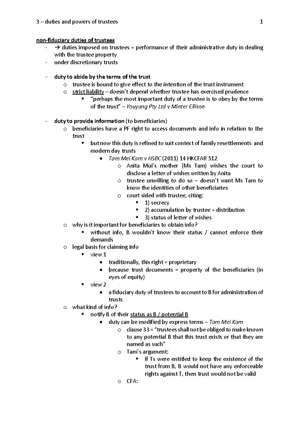 Topic 3 - duties and powers of trustees notes - non-fiduciary duties of ...