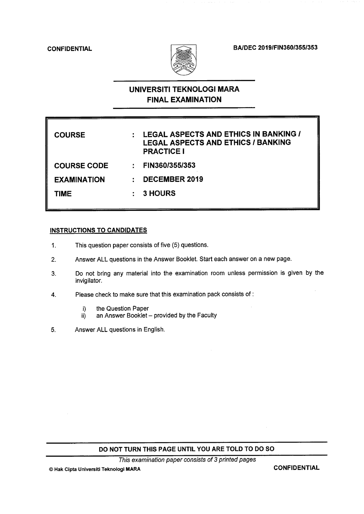 FIN360 DEC 2019 - Past Year Question - Legal Aspects And Ethics In ...