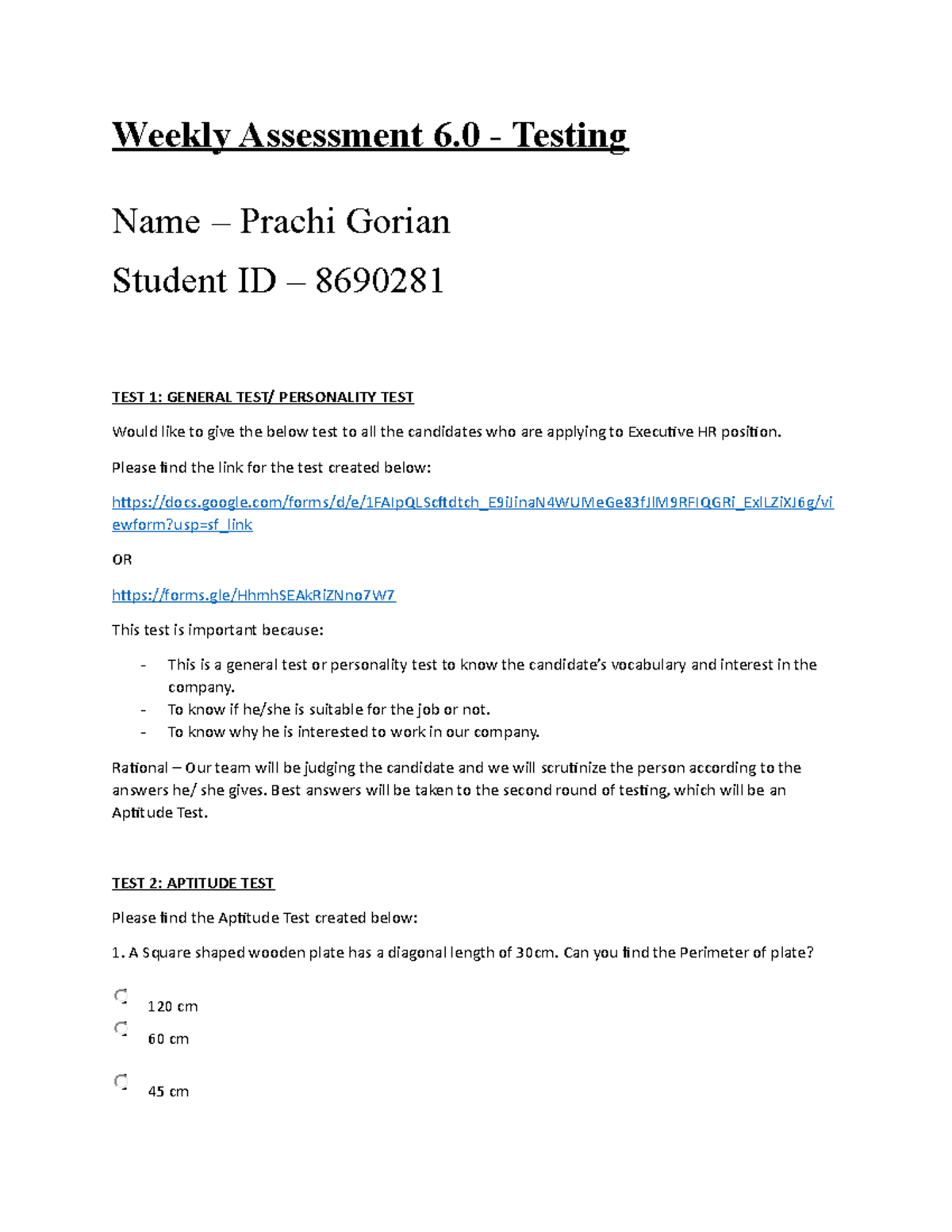 Weekly Assessment 6.0 - Testing - Weekly Assessment 6 - Testing Name ...