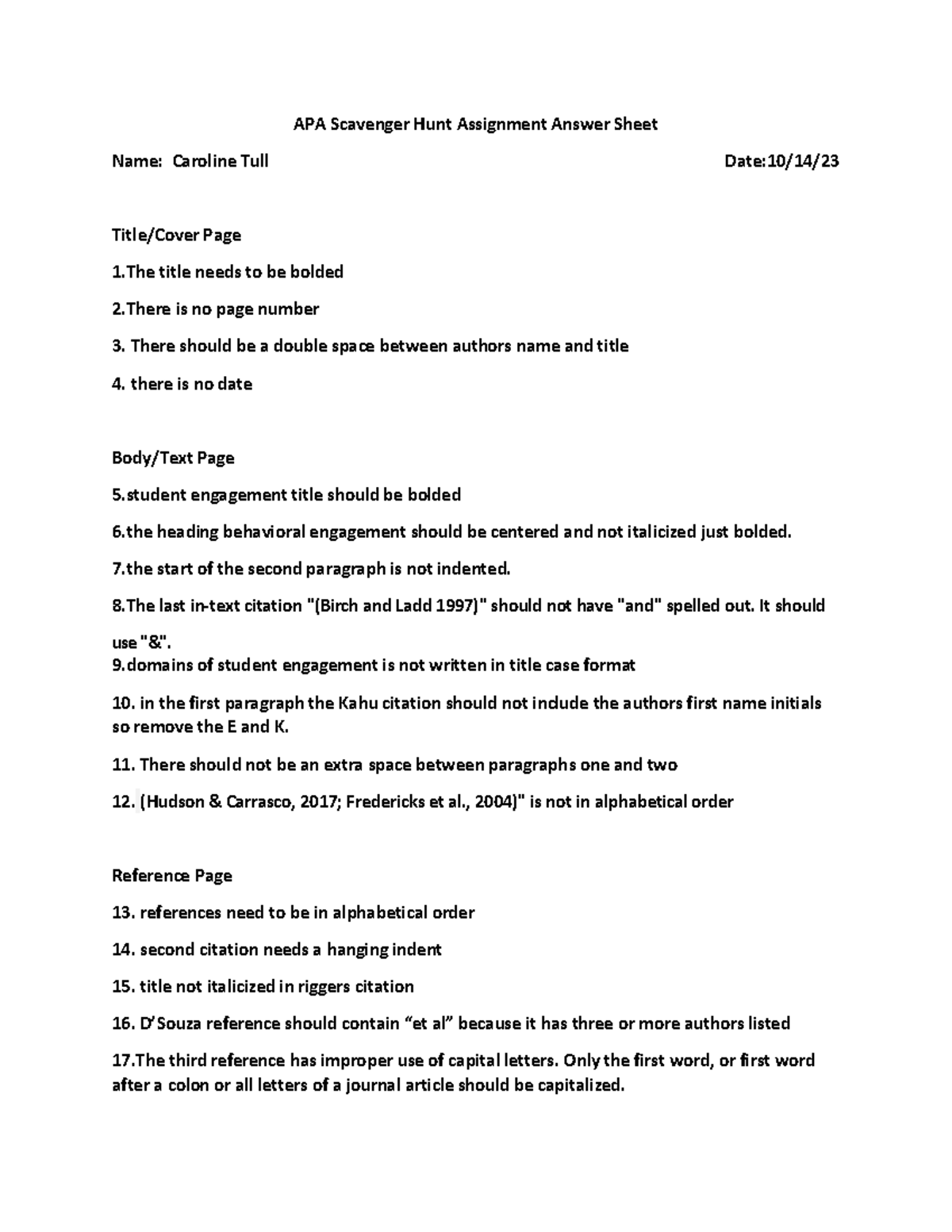 APA Scavenger Hunt Assignment Answer Sheet - There should be a double ...