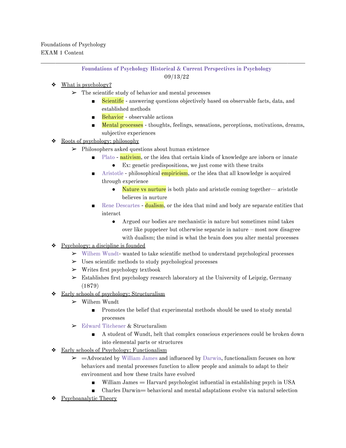 Exam 1- Psych 1101 - Sudy Guide And Notes For First Exam - Foundations ...