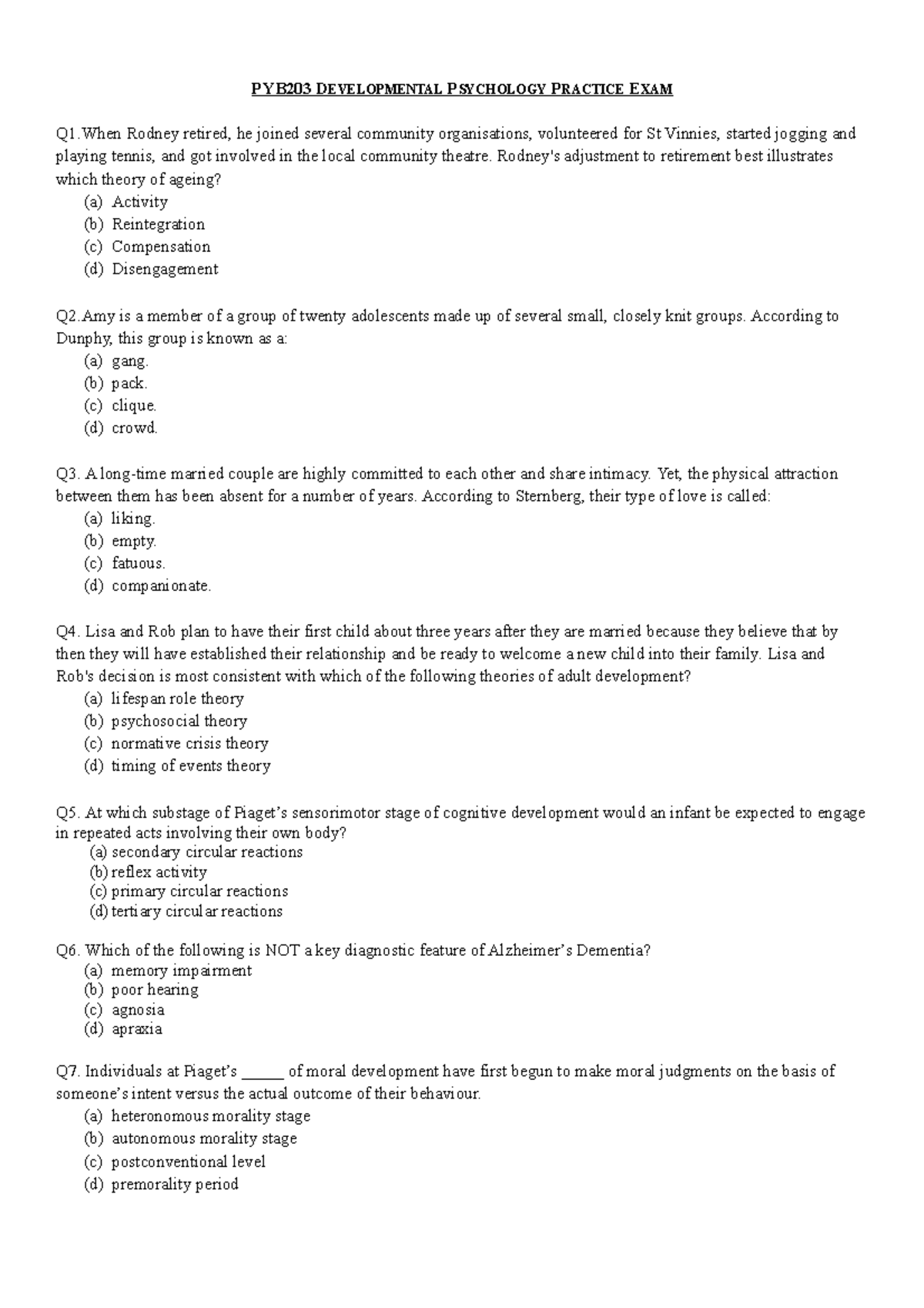 Practice Final Exam Student Version 2021 PYB203 QUT StuDocu