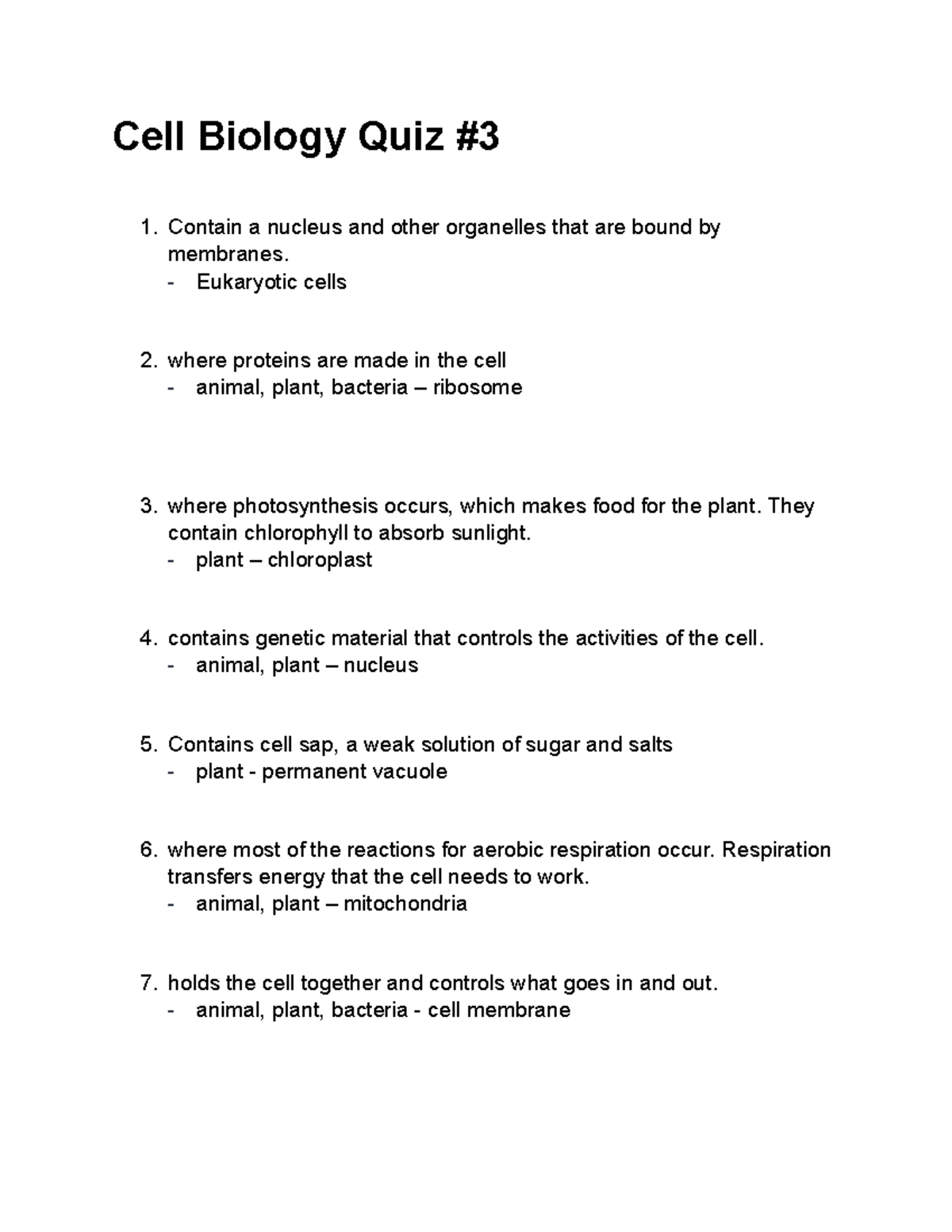 Cell Biology Quiz #3 - Cell Biology Quiz Contain a nucleus and other ...