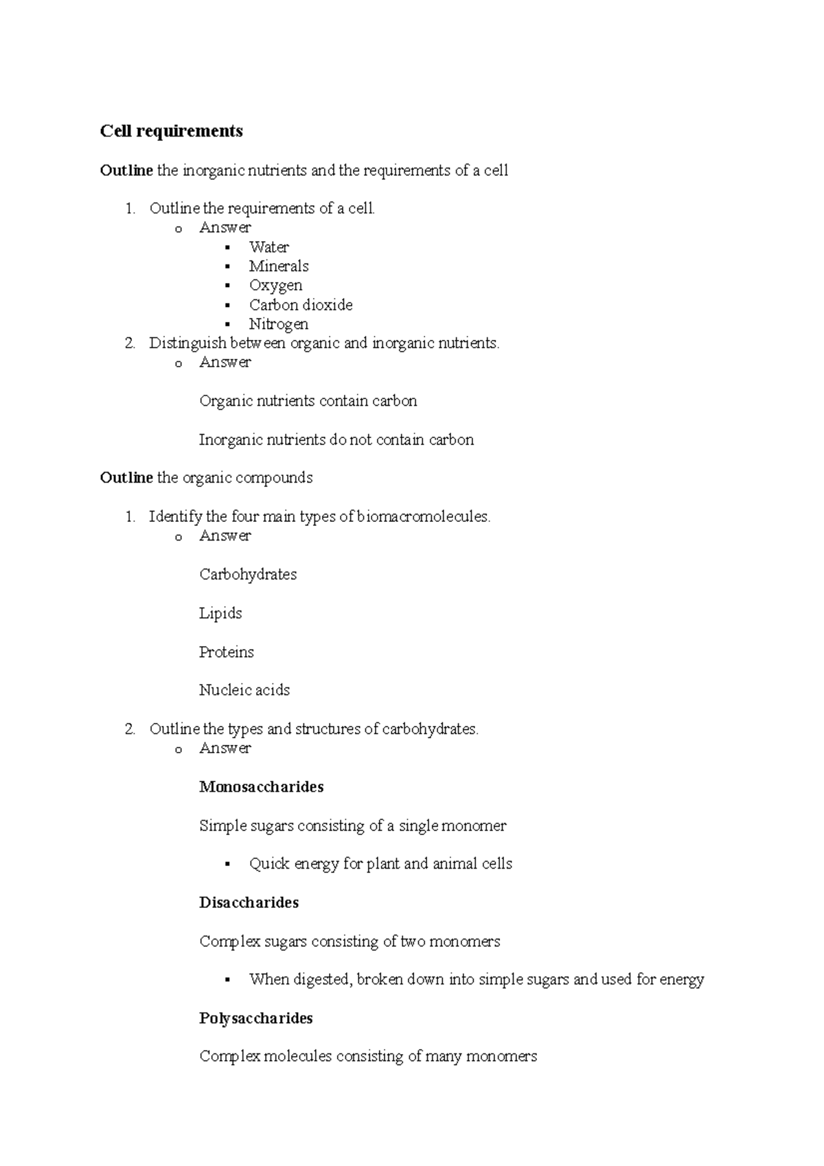 Cell Function - Cell requirements Notes Biology - Cell requirements ...