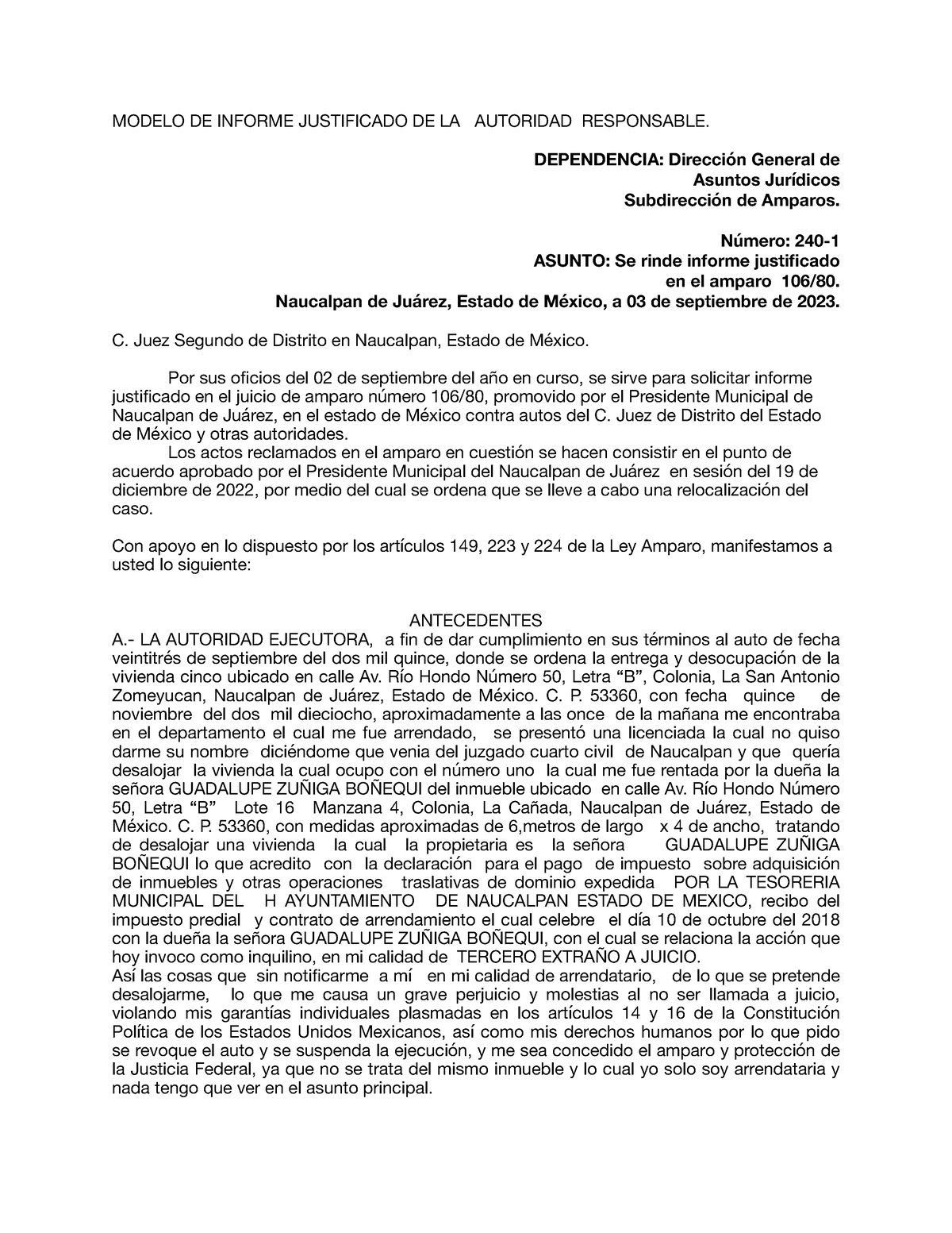 Amparo Trabajo MODELO DE INFORME JUSTIFICADO DE LA AUTORIDAD RESPONSABLE DEPENDENCIA