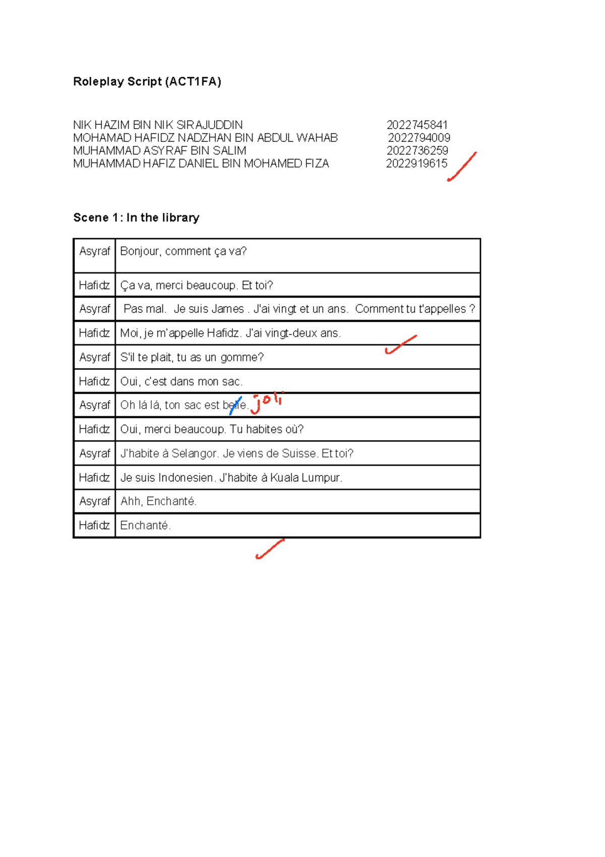 French Dialogue- TFC401-ACT1FA - Roleplay Script (ACT1FA) NIK HAZIM BIN ...
