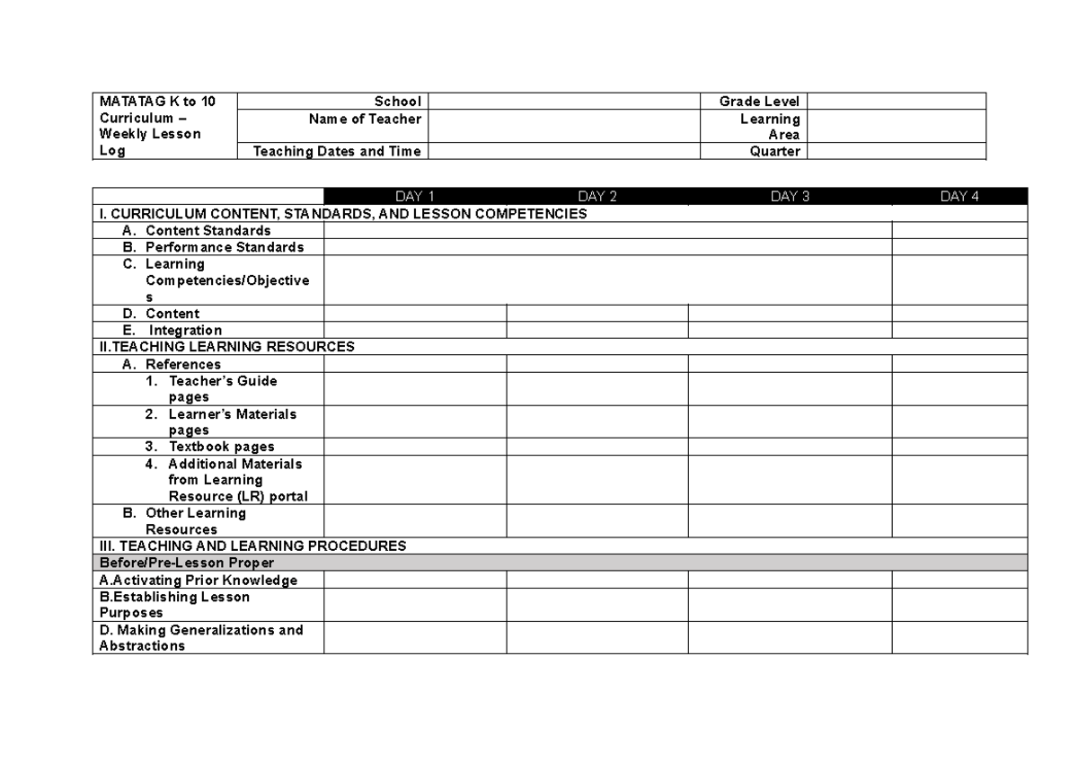 G7 weekly lesson log Template - MATATAG K to 10 Curriculum – Weekly ...