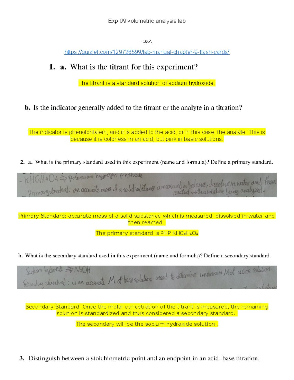 Prelap 9 General Chemistry Exp 09 volumetric analysis lab Q&A Studocu
