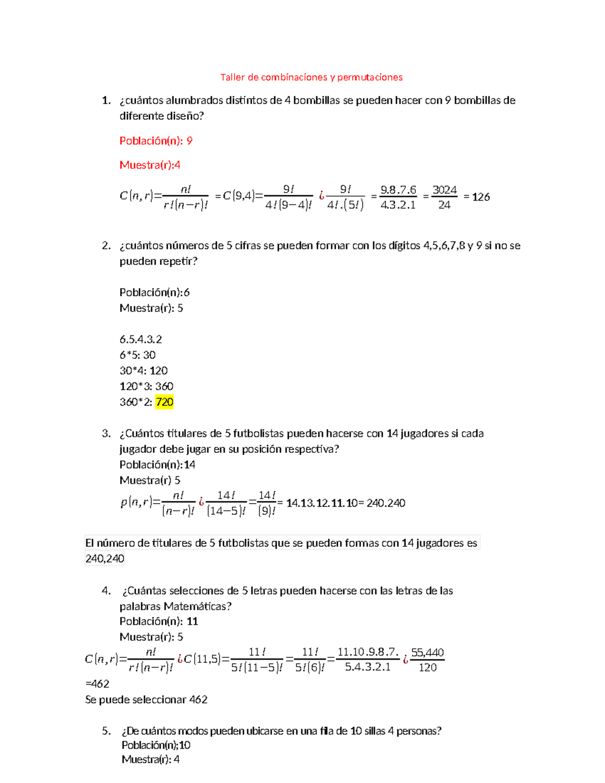 Taller de combinaciones y permutaciones - Taller de combinaciones y ...