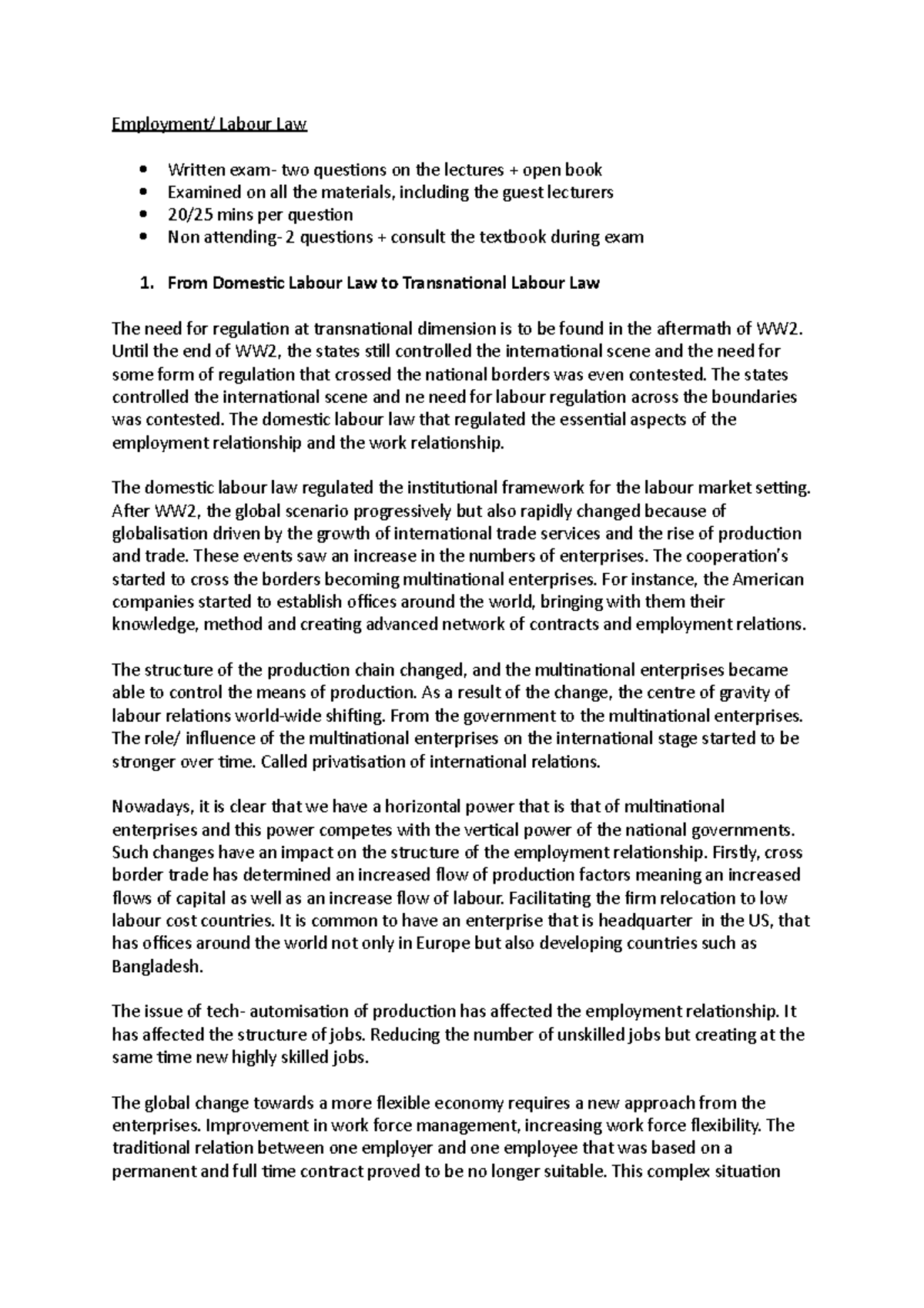 Employment week 1:2 notes - Employment/ Labour Law Written exam- two ...