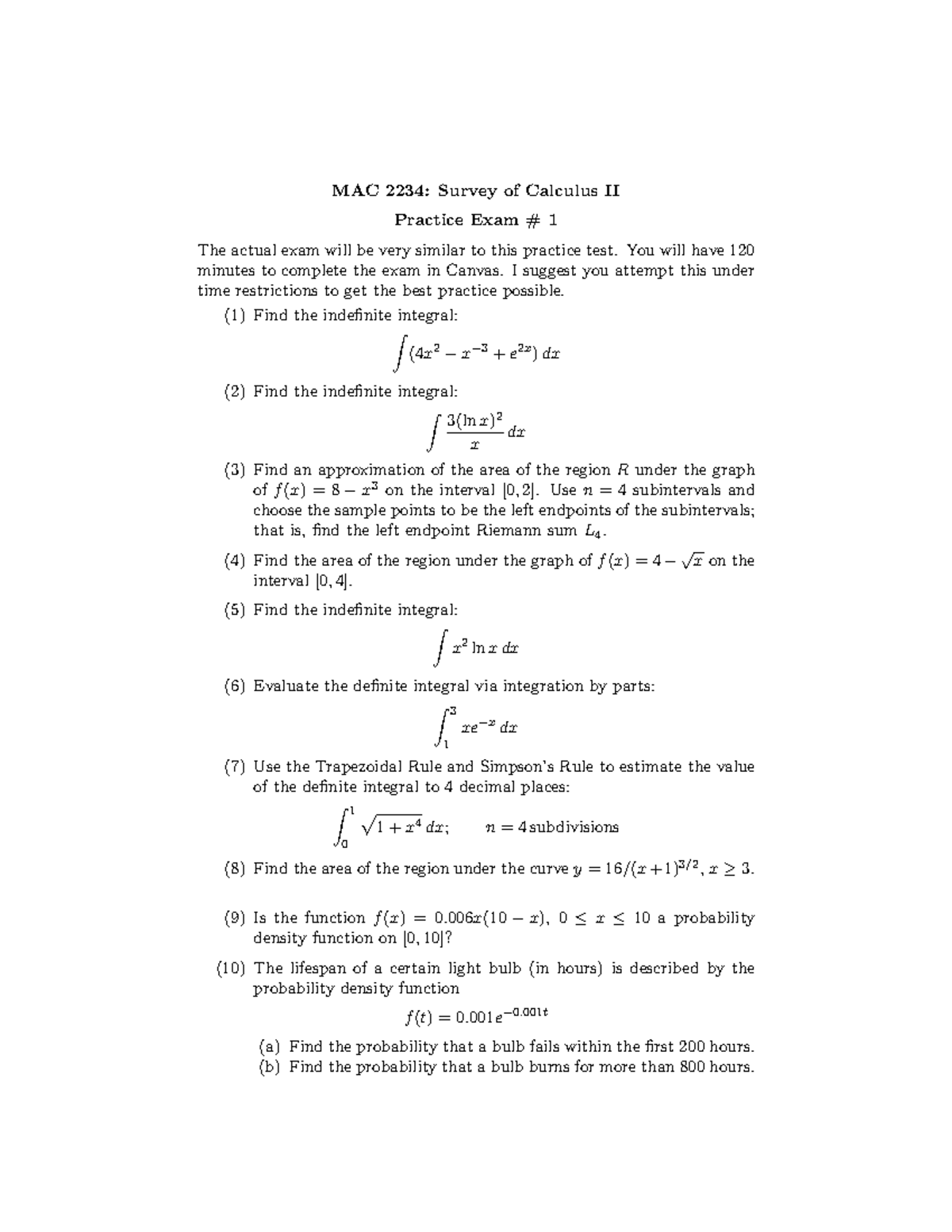 Exam1prep Exam Practice Material Mac 2234 Survey Of Calculus Ii