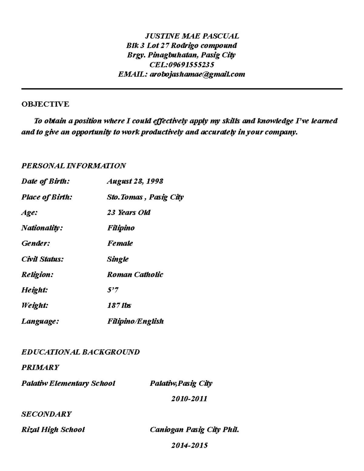 Jasha-updated-resume - JUSTINE MAE PASCUAL Blk 3 Lot 27 Rodrigo ...