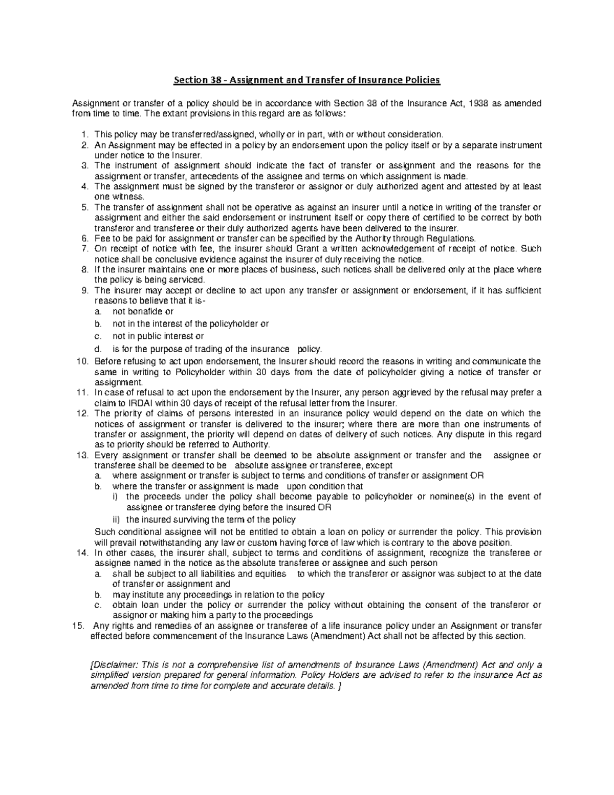 Insurance Laws (Amendment) Act, 2015 Changes - Section 38 - Assignment ...