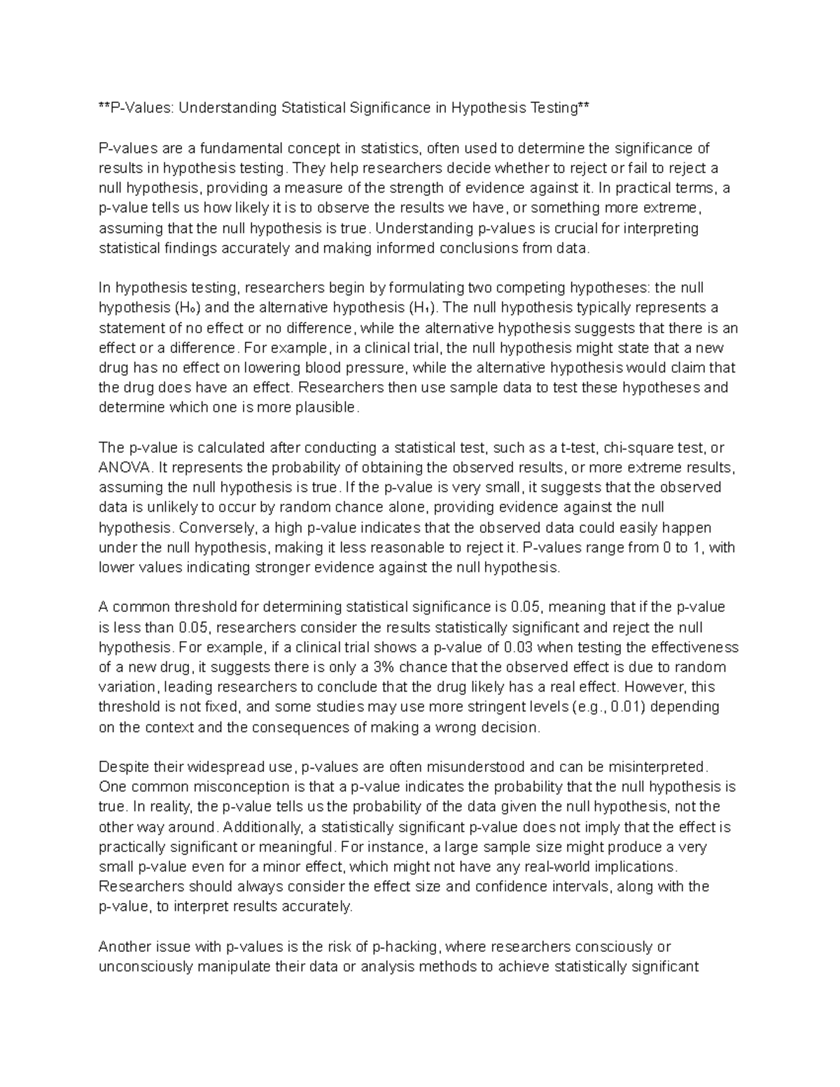 P-Values Understanding Statistical Significance in Hypothesis Testing ...