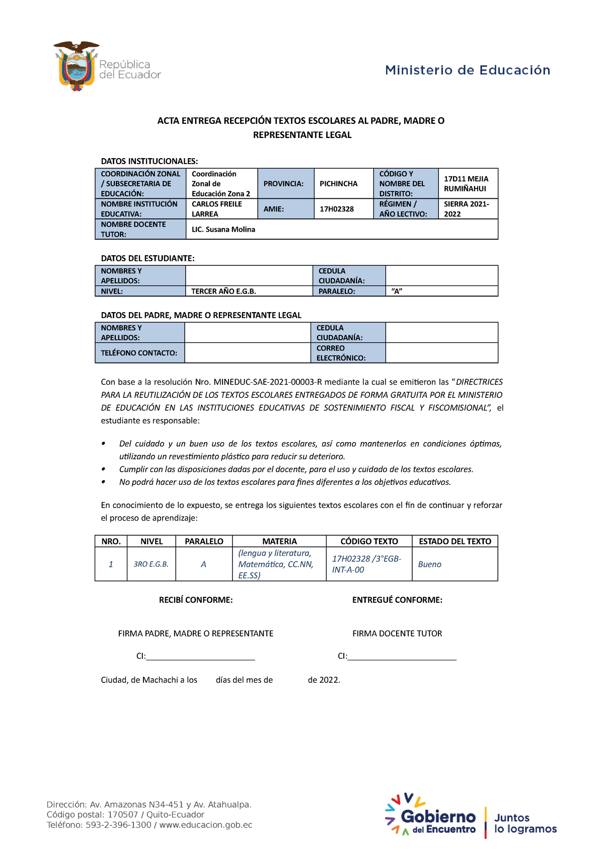 ACTA DE Entrega DE Textos para bachillerato - ACTA ENTREGA RECEPCIÓN TEXTOS  ESCOLARES AL PADRE, - Studocu