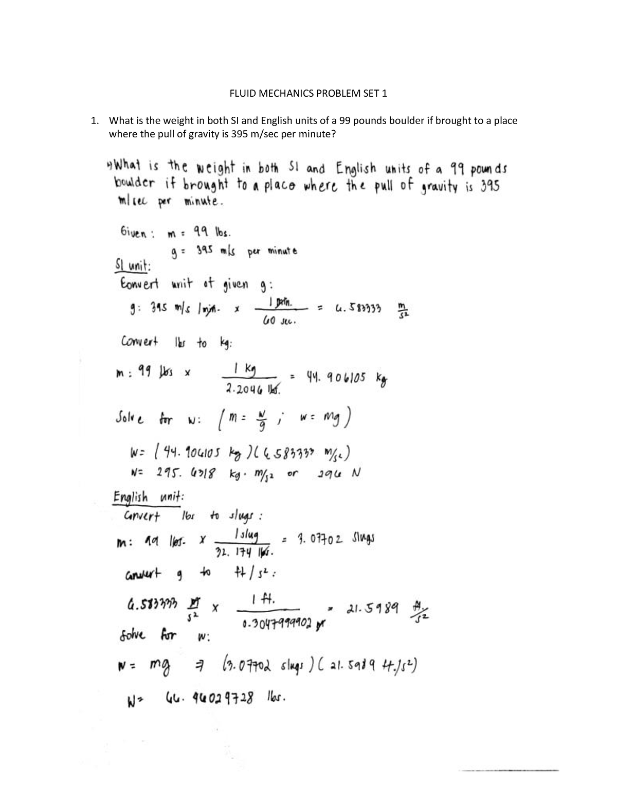 Fluid Mechanics Problem Set 1 - FLUID MECHANICS PROBLEM SET 1 What is ...