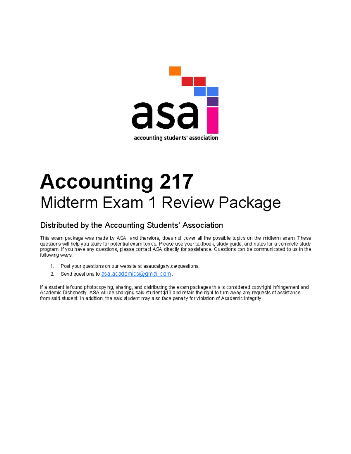 Midterm 1 - Accounting 217 Midterm Exam 1 Review Package Distributed By ...