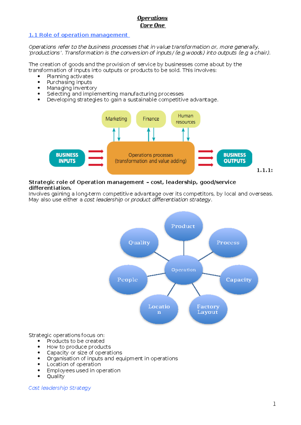Operation Summary Notes - Core One 1 Role of operation management ...