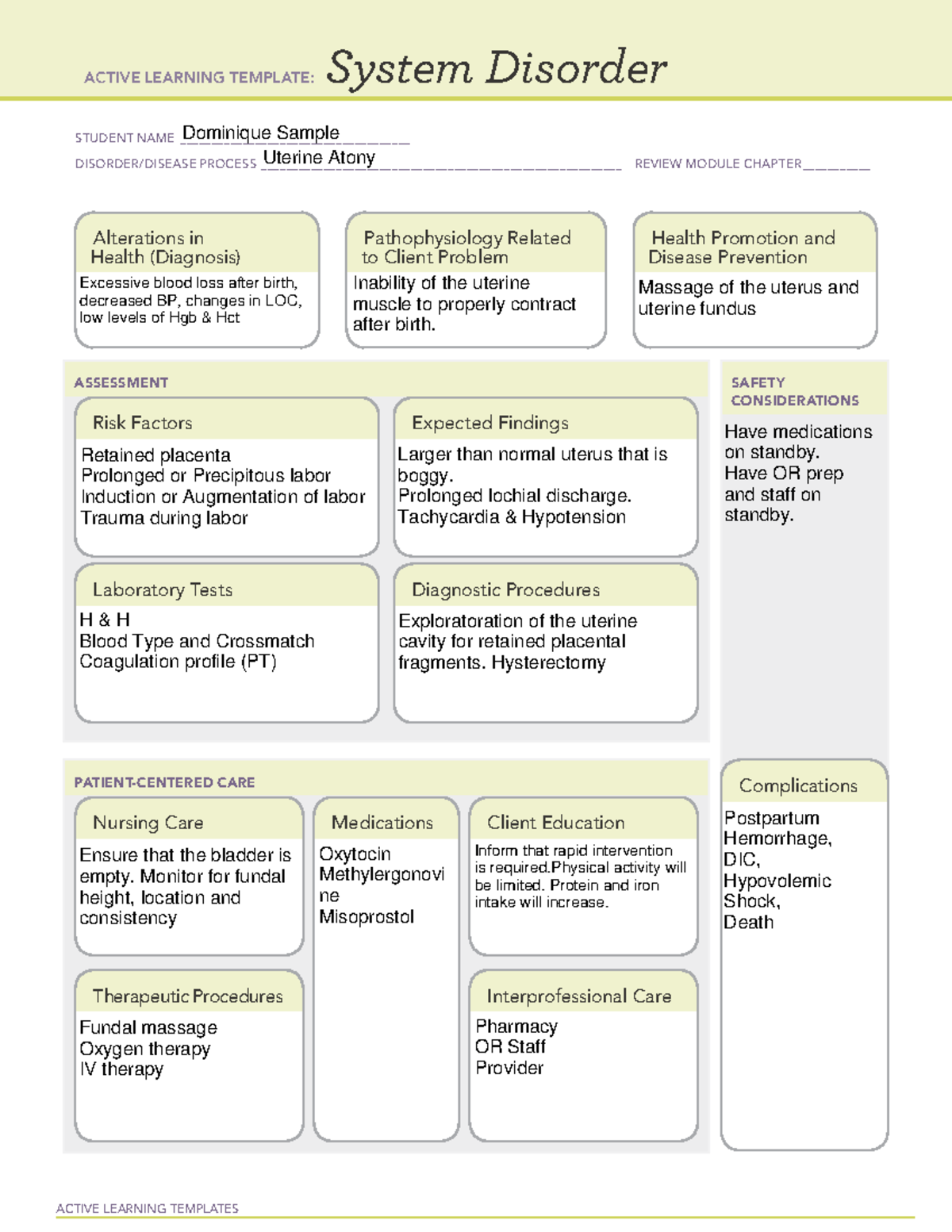 Uterine Atony System Disorder - Active Learning Templates System 