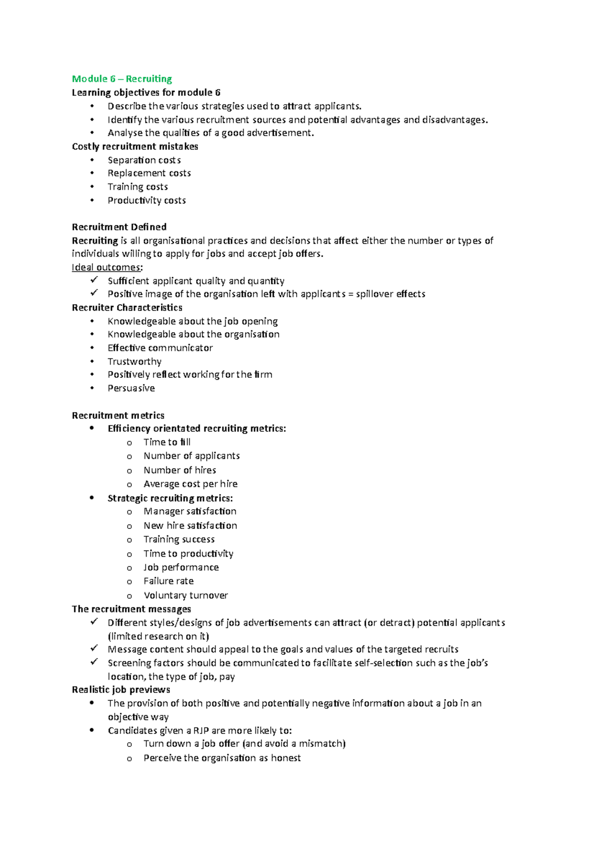 MGT3005 Lecture Notes - Module 6 - Module 6 – Recruiting Learning ...