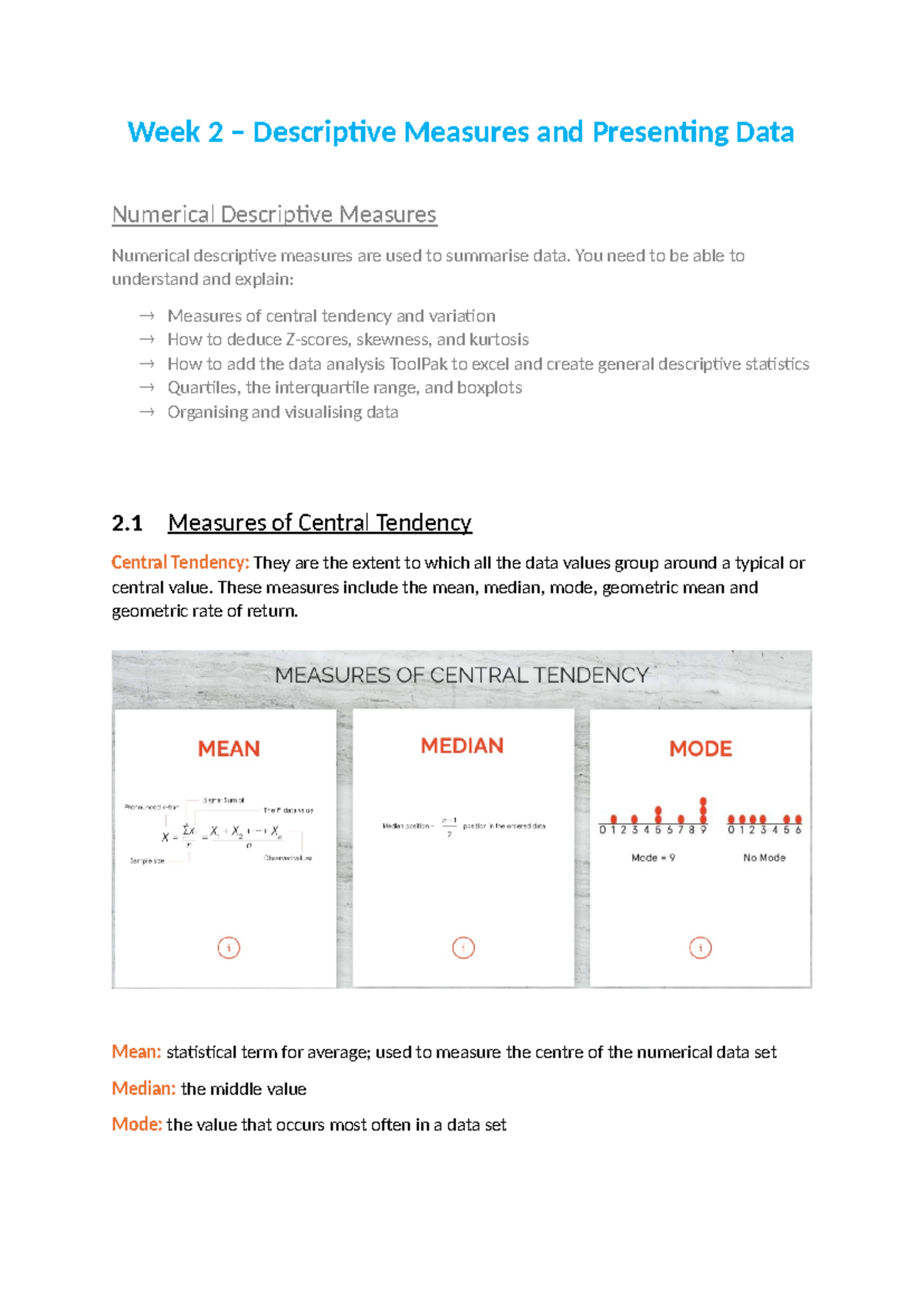 Week 2 Lecture Notes - Week 2 – Descriptive Measures and Presenting ...