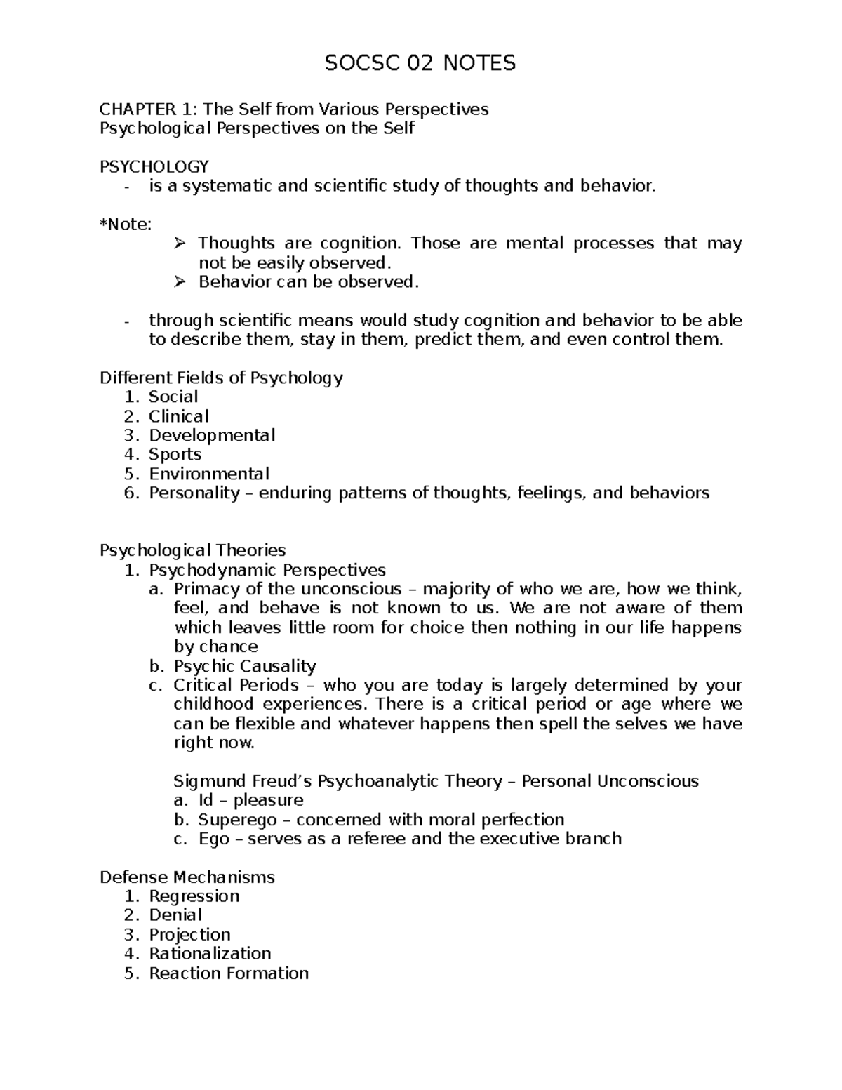 Socsc-02- Notes - SOCSC 02 NOTES CHAPTER 1: The Self from Various ...