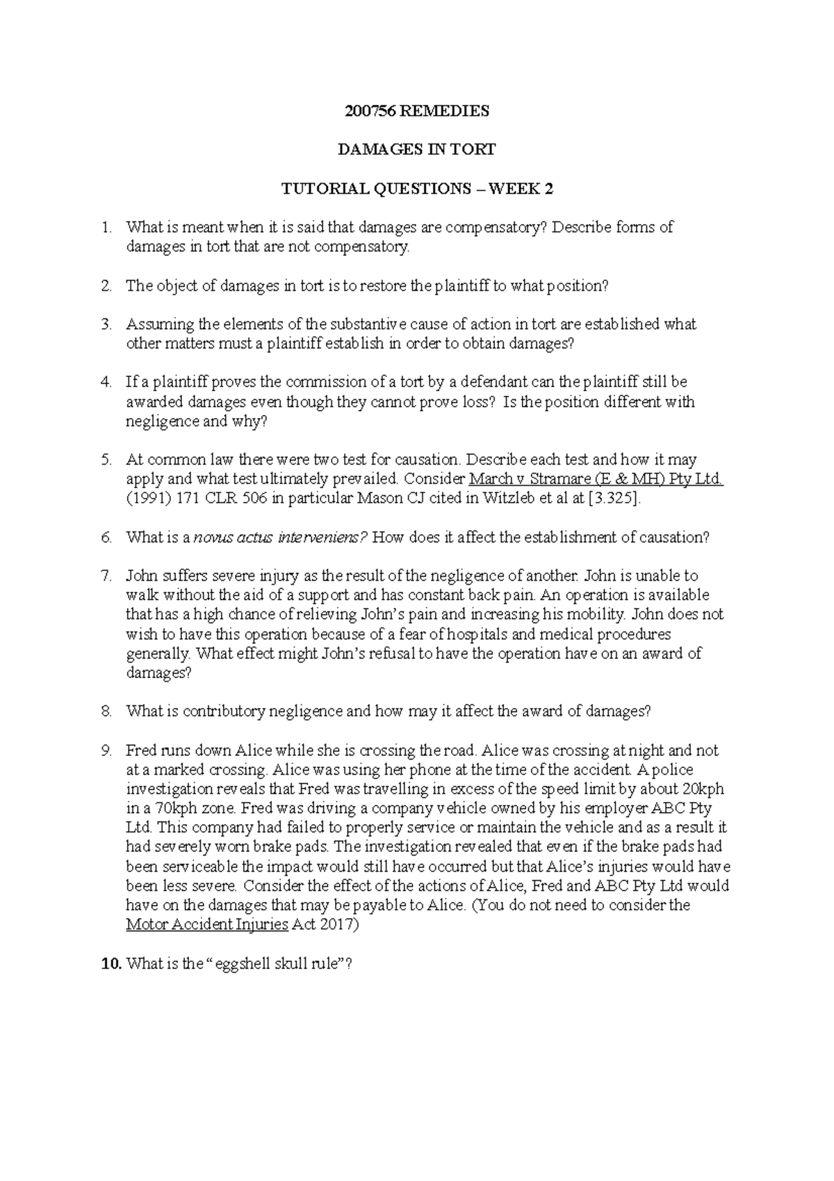 Damages In Tort - Tutorial Question Week 2 (10) - 200756 REMEDIES ...