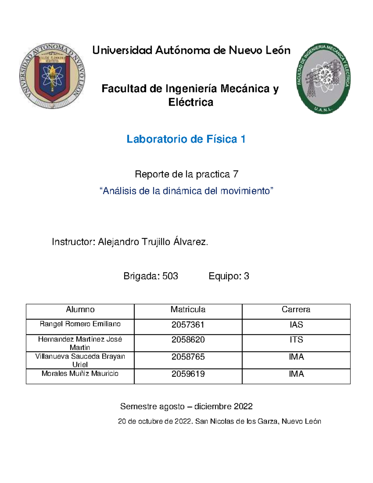 Reporte 7 Lb Fisica 1 Equipo 3 B503 - Universidad AutÛnoma De Nuevo ...