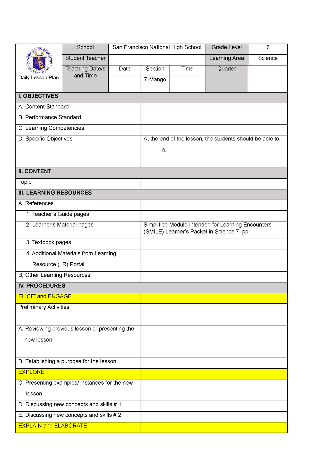 DLP Template For Practice Teaching - Daily Lesson Plan School San ...