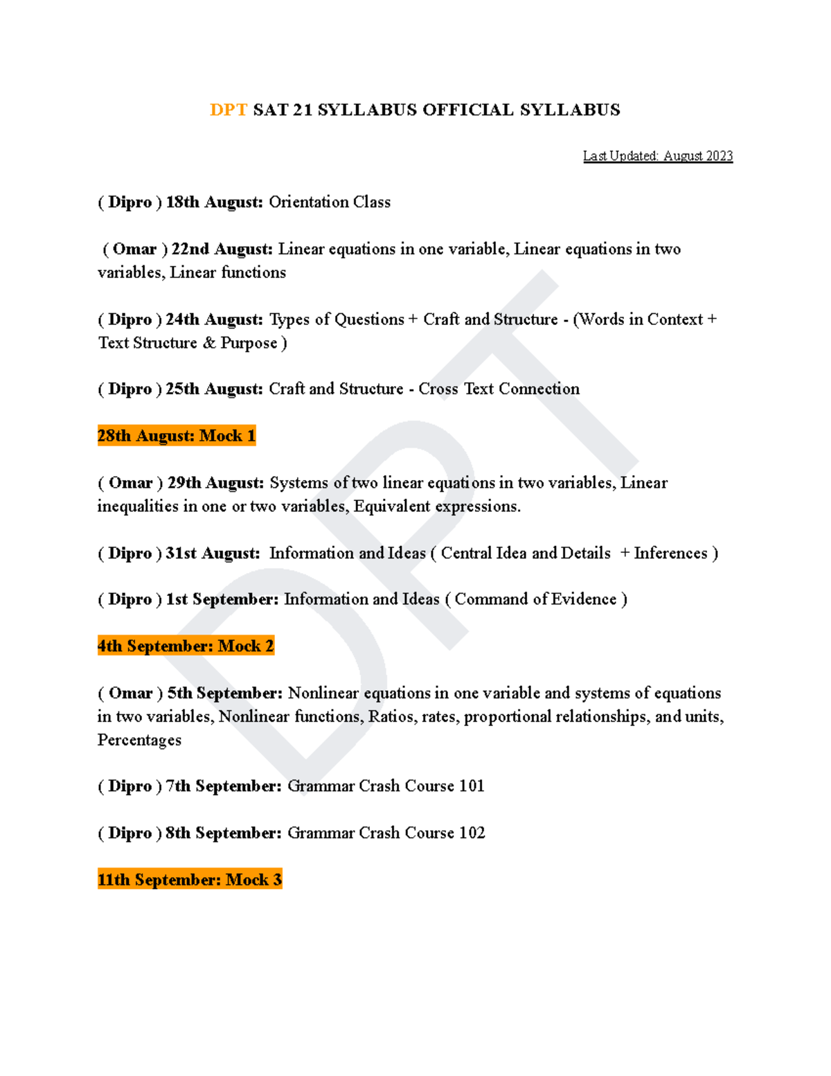 DPT Syllabus 21 - Fuck you - DPT DPT SAT 21 SYLLABUS OFFICIAL SYLLABUS ...