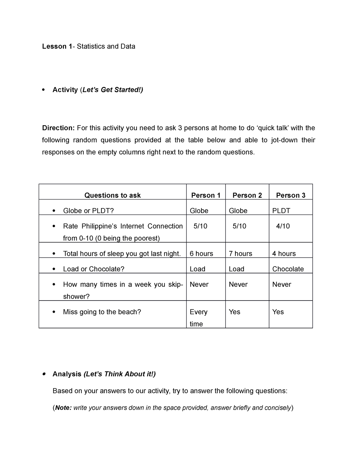 Module 1 Activity, Analysis, And Application - Lesson 1 - Statistics ...