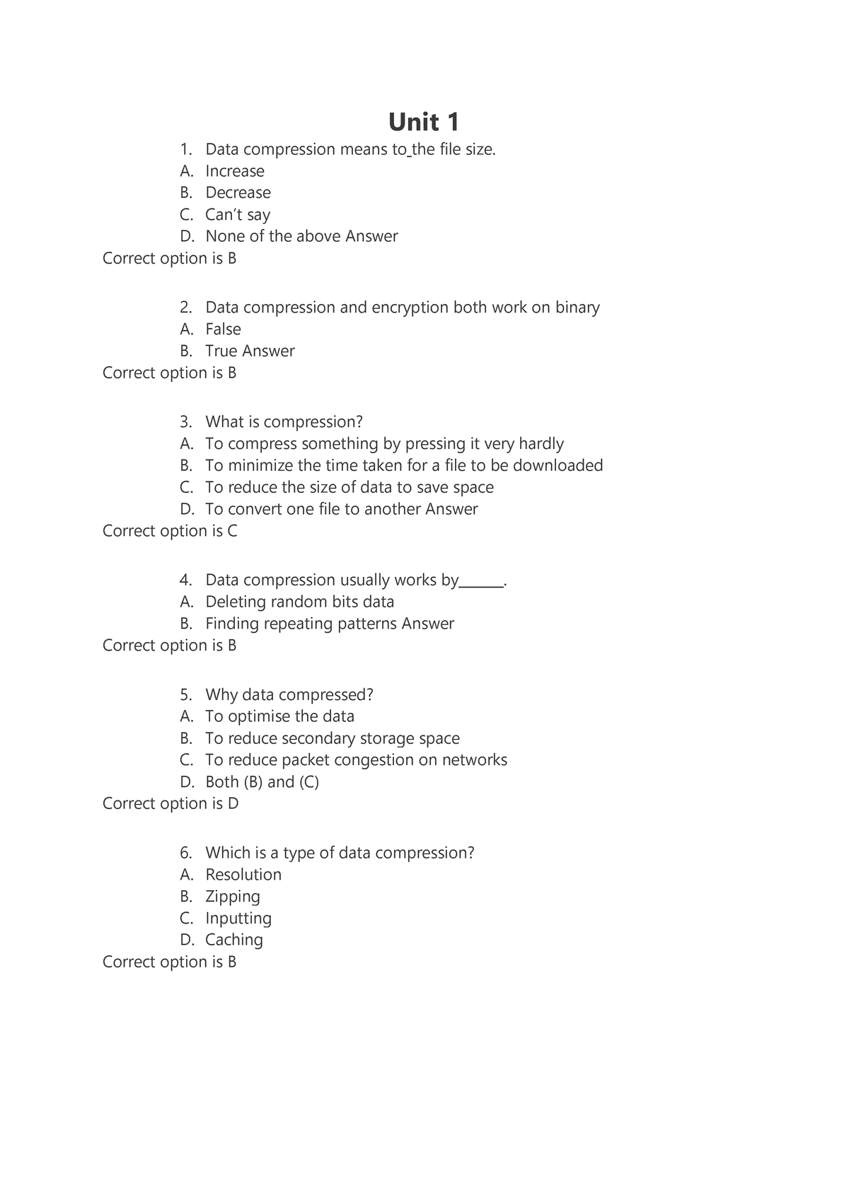 All Units Questions For Data Compression - Unit 1 Data Compression ...