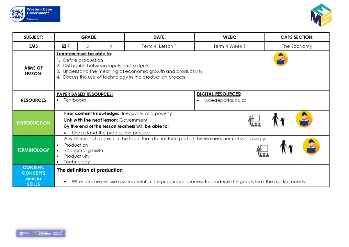 EMS Gr 7 Term 4 Week 1 - Ems lesson plan - SUBJECT: GRADE: DATE: WEEK ...