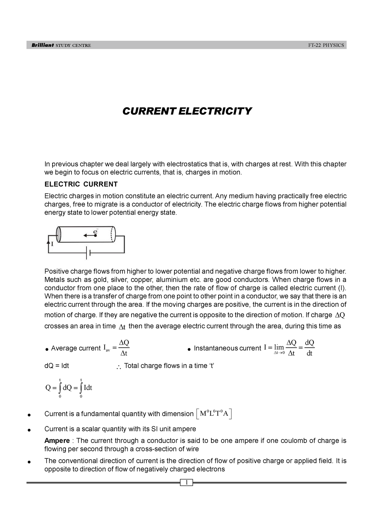 Current Electricity. - Brilliant STUDY CENTRE PHYSICS CURRENT ...