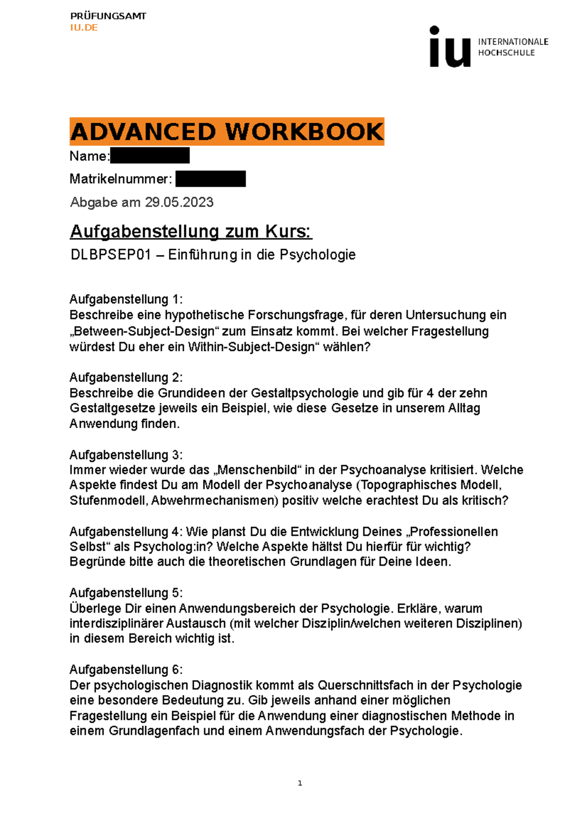 Advanced Workbook - IU ADVANCED WORKBOOK Name:Aiche El-ater ...