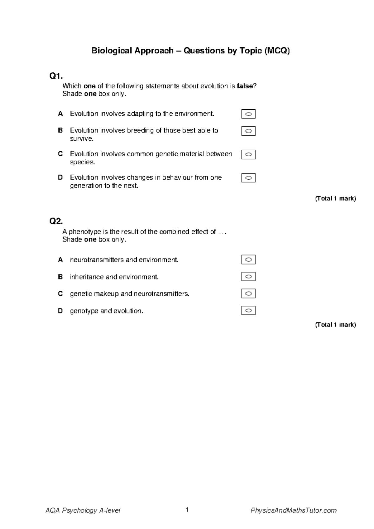 Biological Approach MCQ - Biological Approach – Questions by Topic (MCQ ...