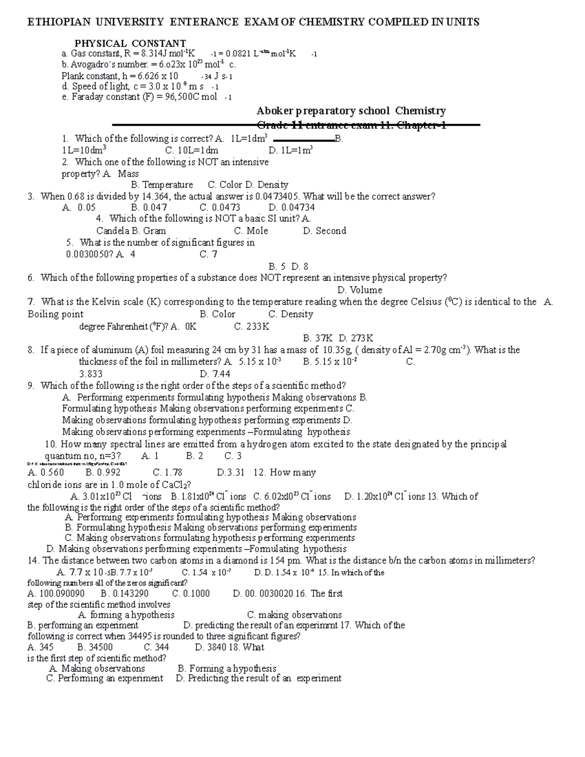 2000 2013 chemistry g 11 AND 12 Enterance EXAM THE Lastneew Final ...