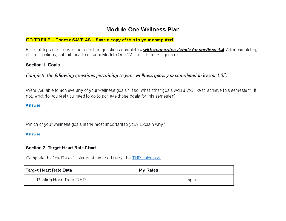 Module one wellness plan1revised 2023 - Module One Wellness Plan GO TO ...