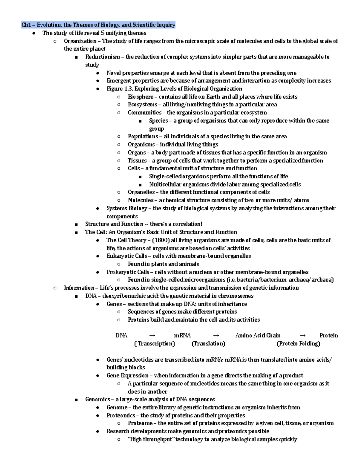 BIO 1B Evolution Notes - Ch1 – Evolution, The Themes Of Biology, And ...