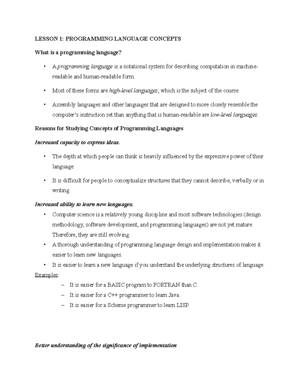 Basic community - LESSON 1: PROGRAMMING LANGUAGE CONCEPTS What is a ...