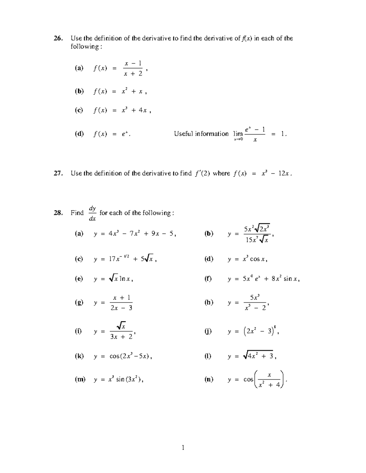Workshop Problems Derivatives - 26. Use the definition of the ...