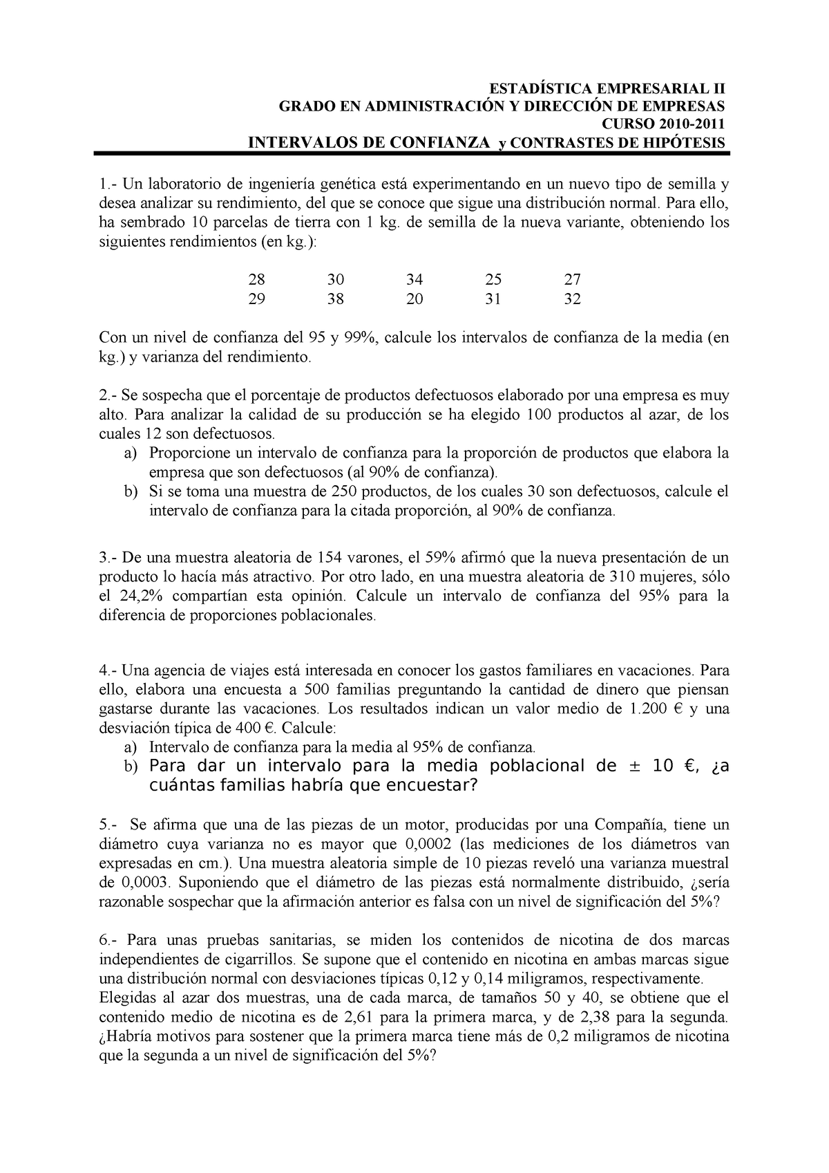 Eeii 2010 2011 Intervalos Y Contrastes EstadÍstica Empresarial Ii