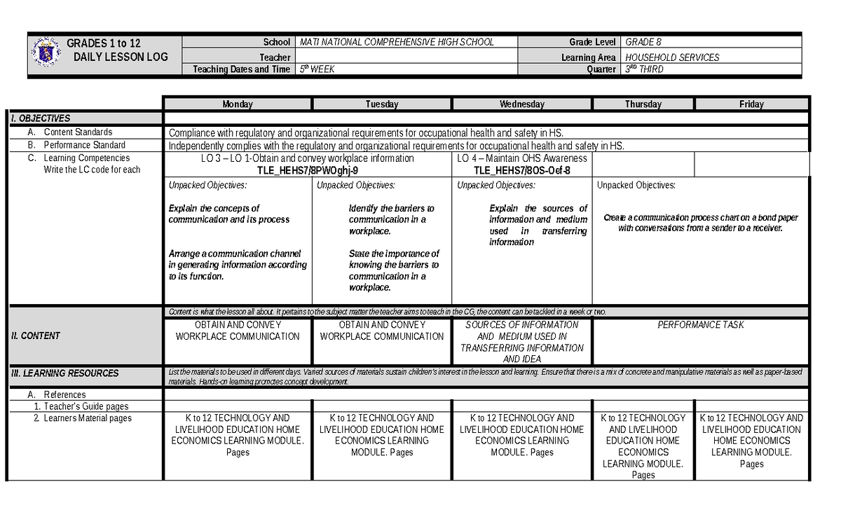 Q3 Household WEEK 5 - GRADES 1 to 12 DAILY LESSON LOG School MATI ...