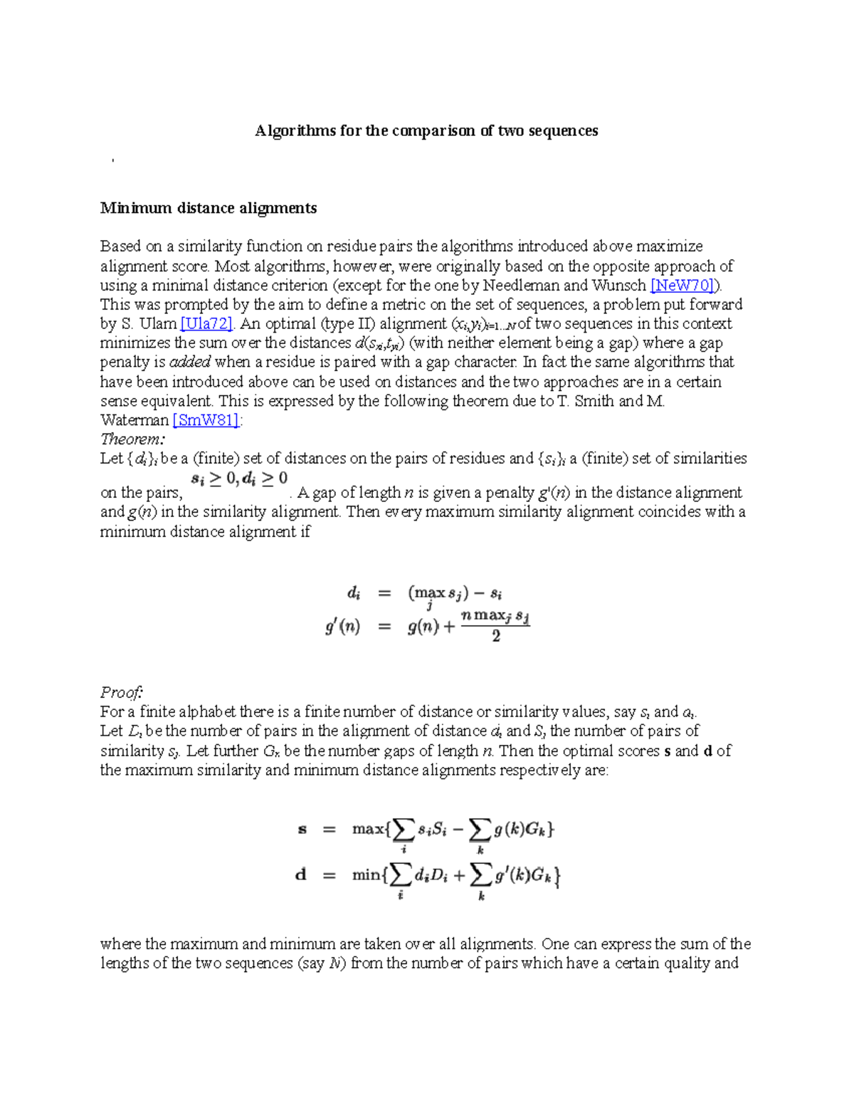 Minimum distance alignments - Algorithms for the comparison of two ...