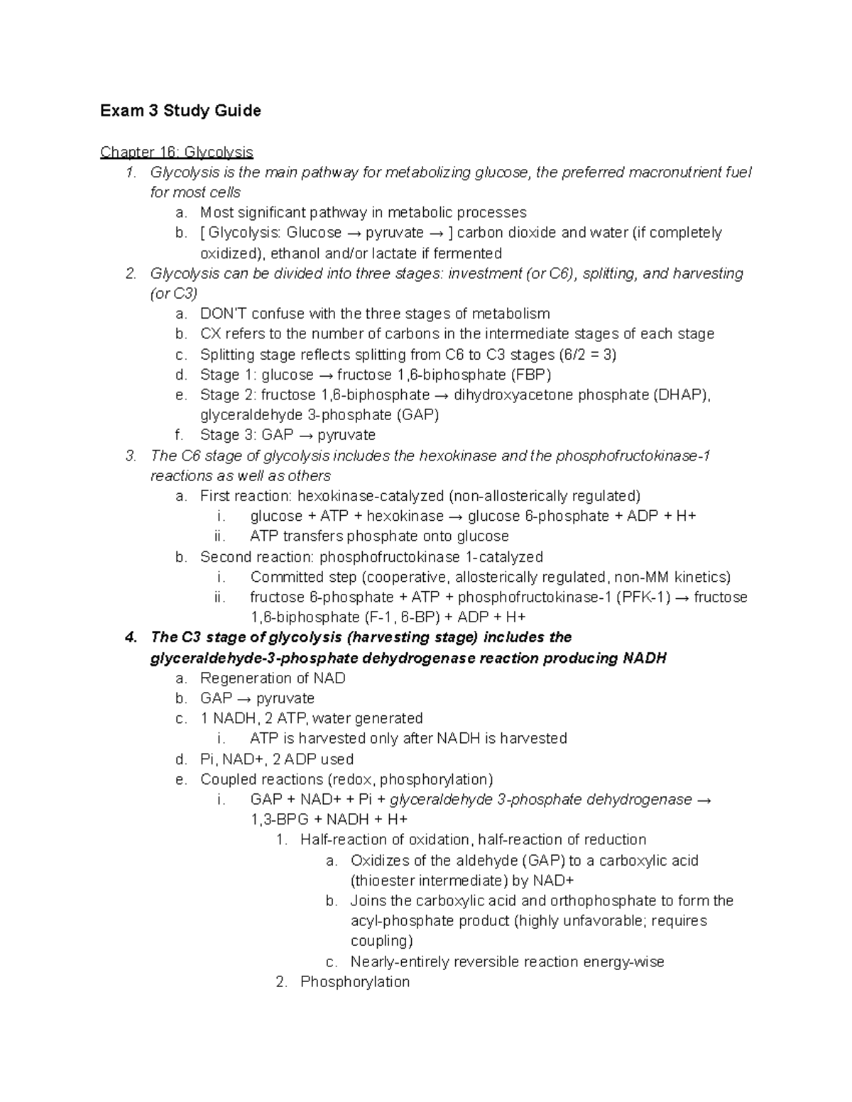 Exam 3 Study Guide - Exam 3 Study Guide Chapter 16: Glycolysis 1 ...