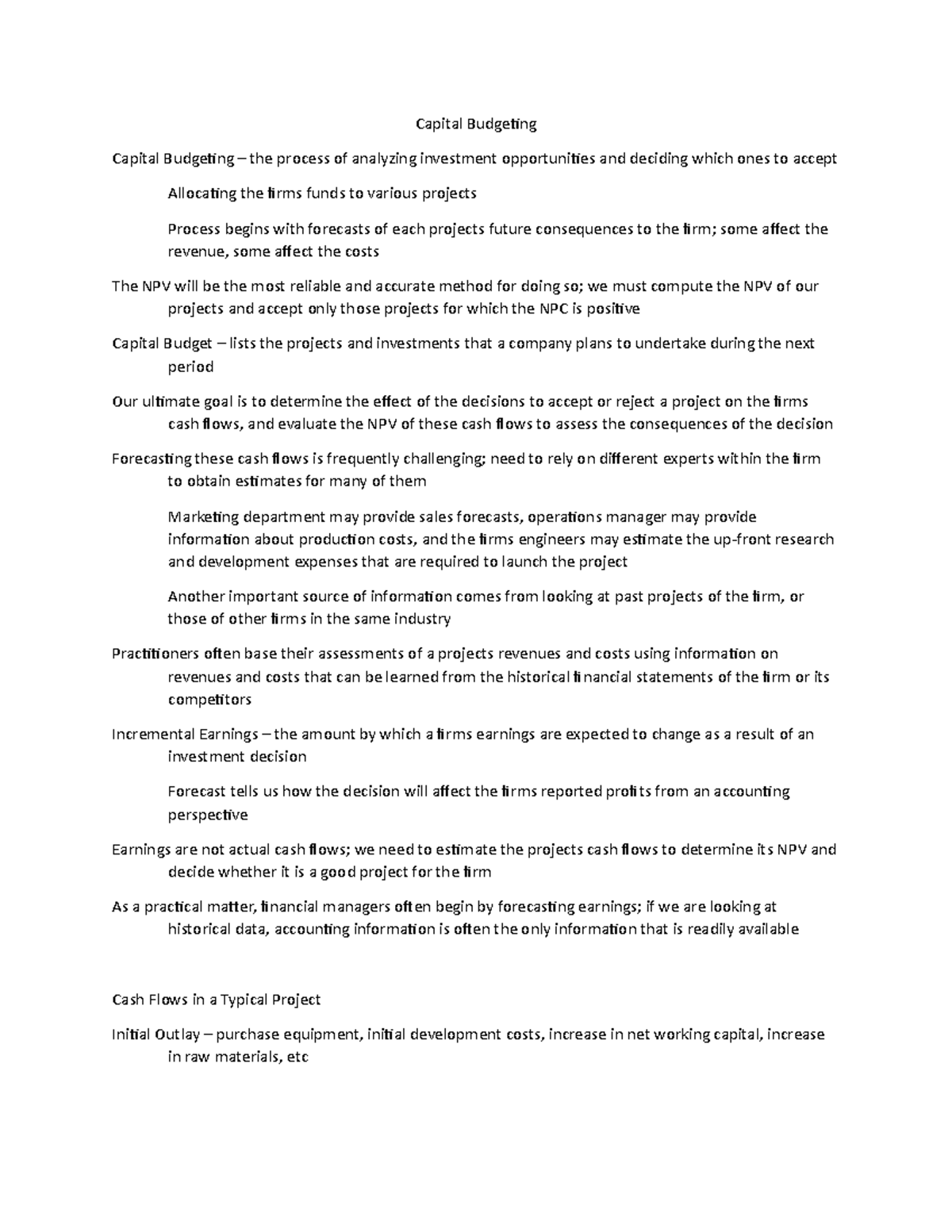 Chapter 9 Notes - Capital Budgeting Capital Budgeting – the process of ...